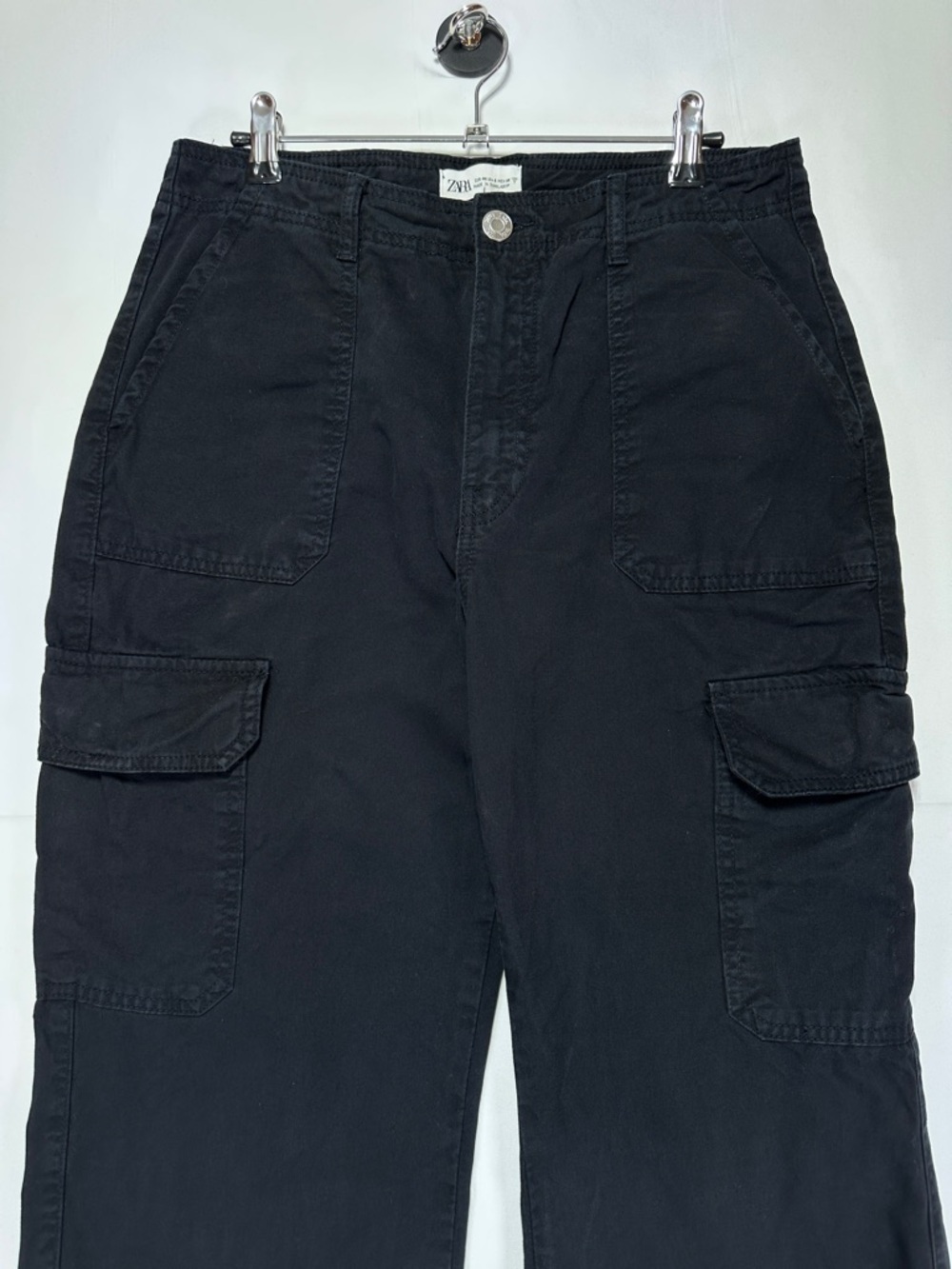 Zara Cargo Pants Black Straight Leg Utility Patch Pocket Size 8 - Picture 2 of 7